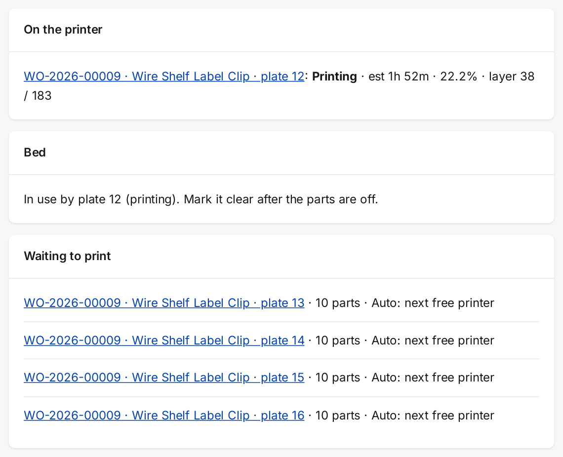 A printer's page: the plate printing now, the bed status, and the next plates waiting for the first free printer