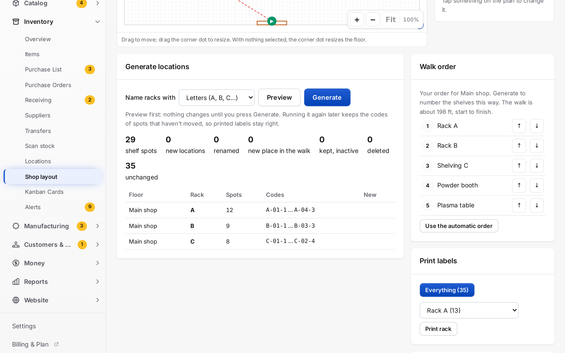 The shop layout: generate shelf codes rack by rack and set the order you walk them