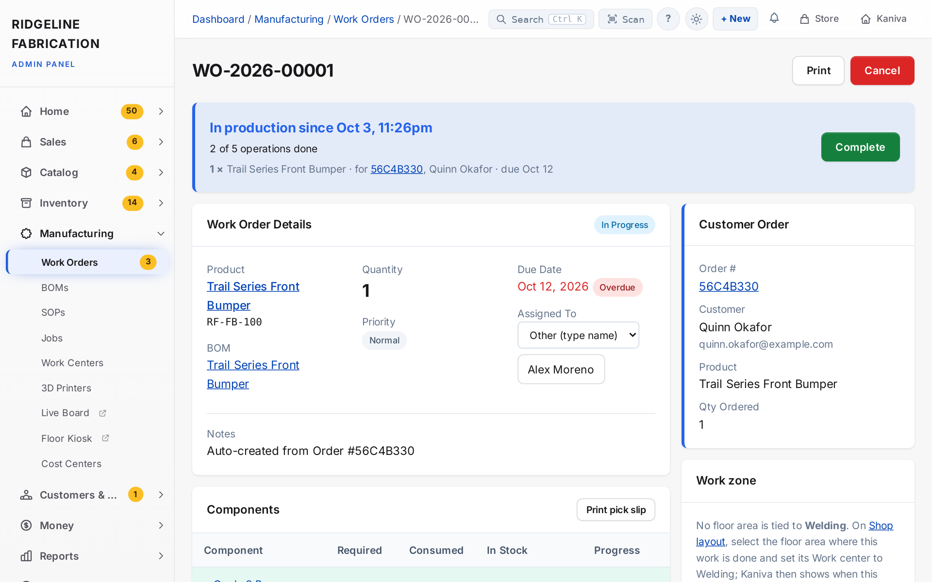 A work order's summary: in production since when, how many operations are done, and the customer order it's for