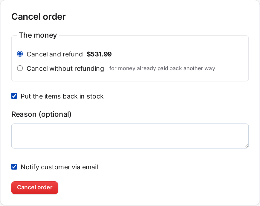 Cancel order: refund the payment and put the items back in stock in one step