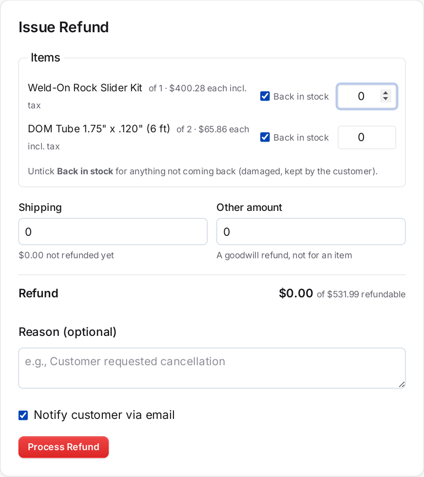 Issue Refund: choose the items and quantities, whether each goes back in stock, and any shipping or goodwill amount