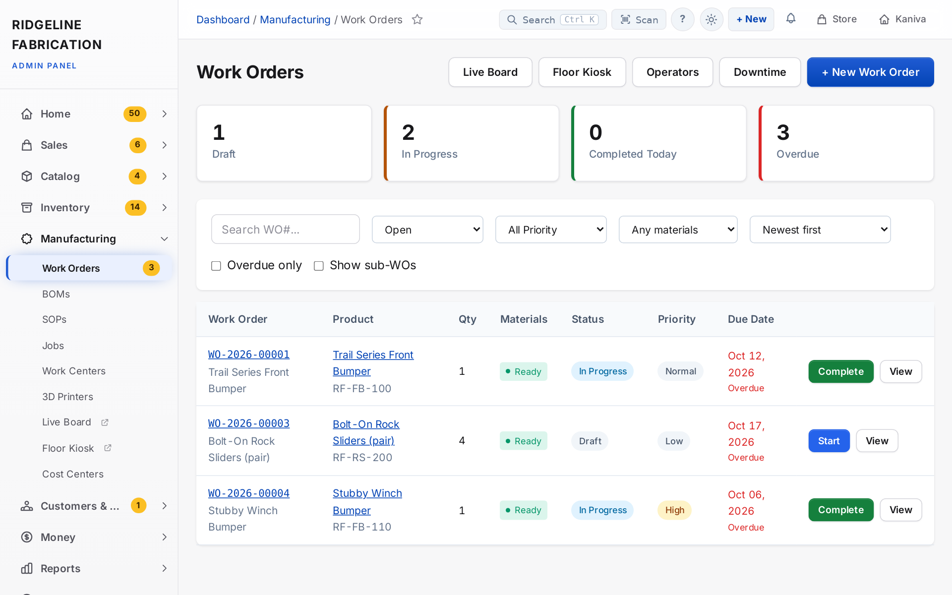 The Work Orders list: counts at the top, open orders with their materials status, and Start or Complete on each row