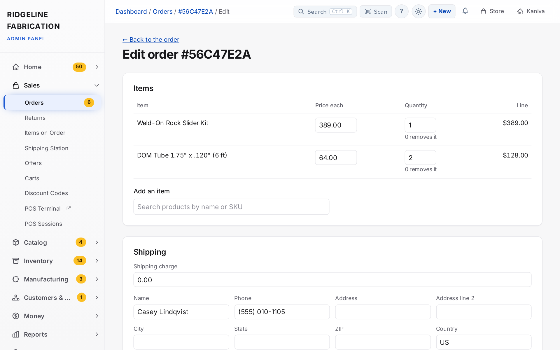 Editing an order: change prices and quantities, add an item and update the shipping