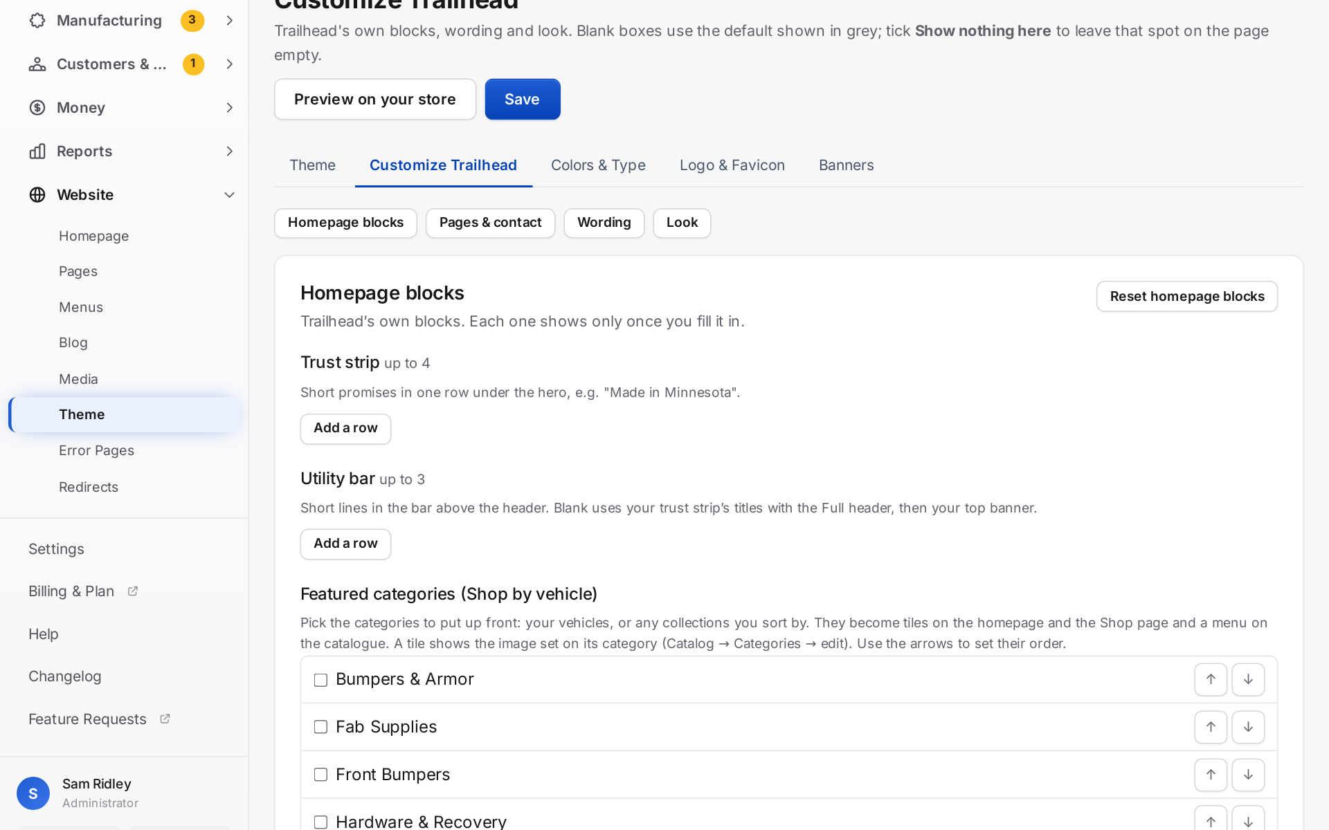 Customize Trailhead: homepage blocks, pages, wording and look, with a preview on your store