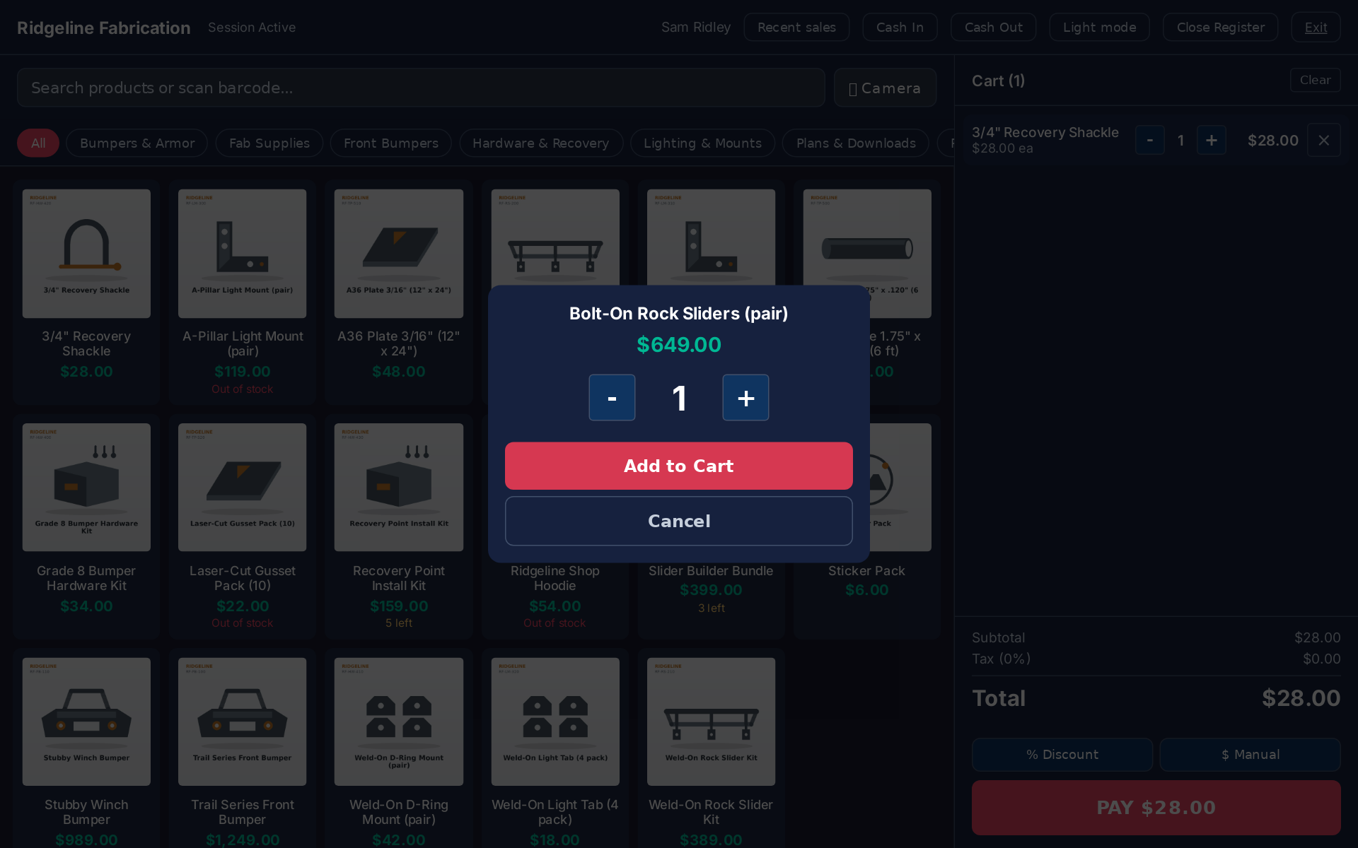 The register: tap a product, choose how many, and add it to the cart