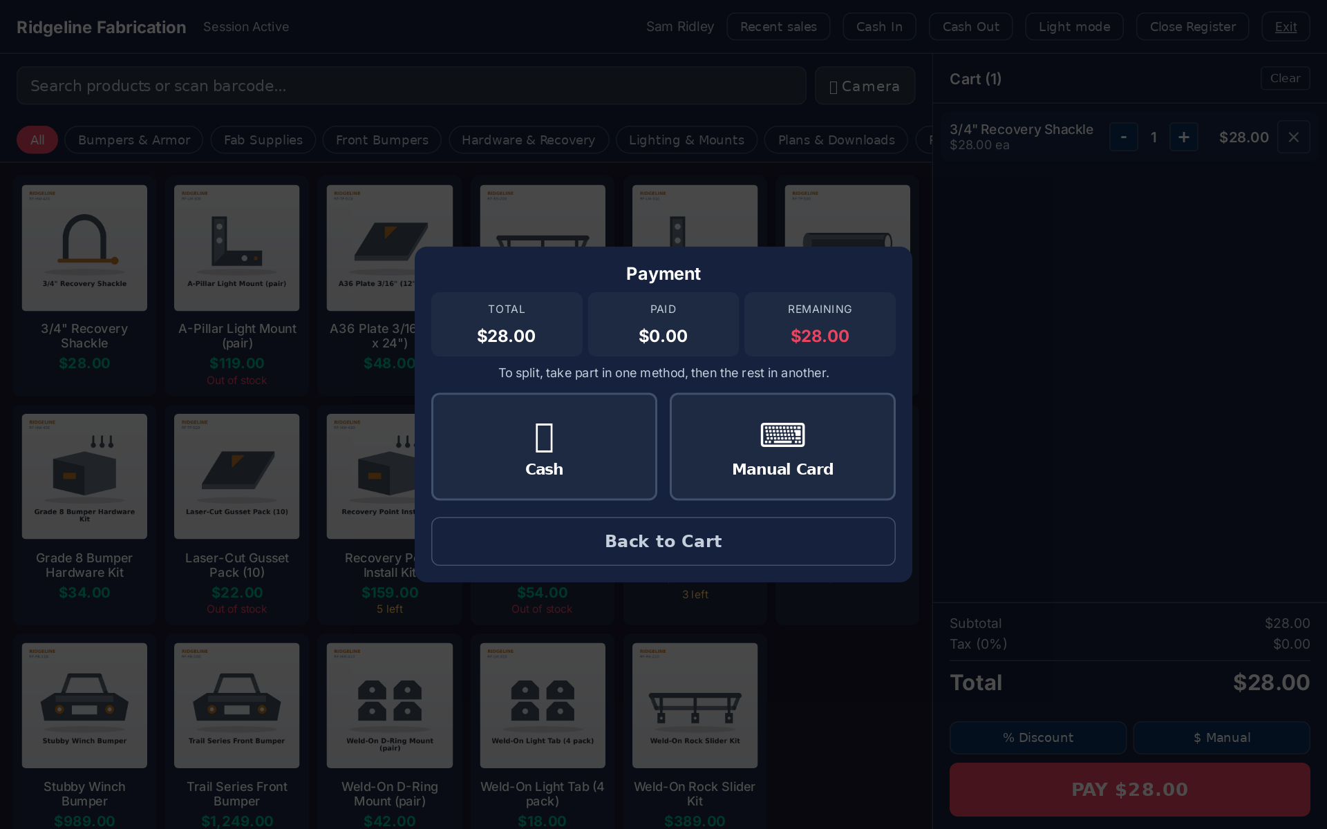The register's payment screen: take part of the total in one method, then the rest in another