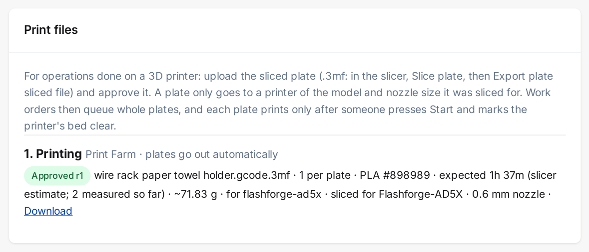 A print file on its BOM: the expected print time, from the slicer until enough real prints have been measured