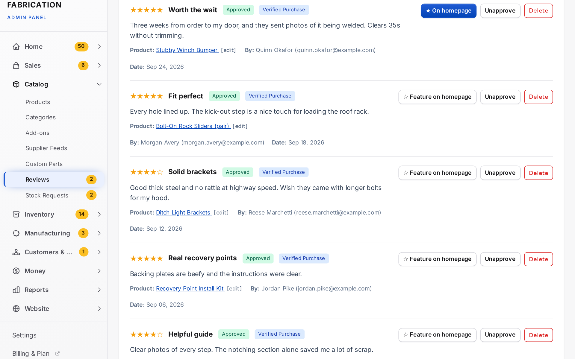 Approved reviews, each with a Feature on homepage button