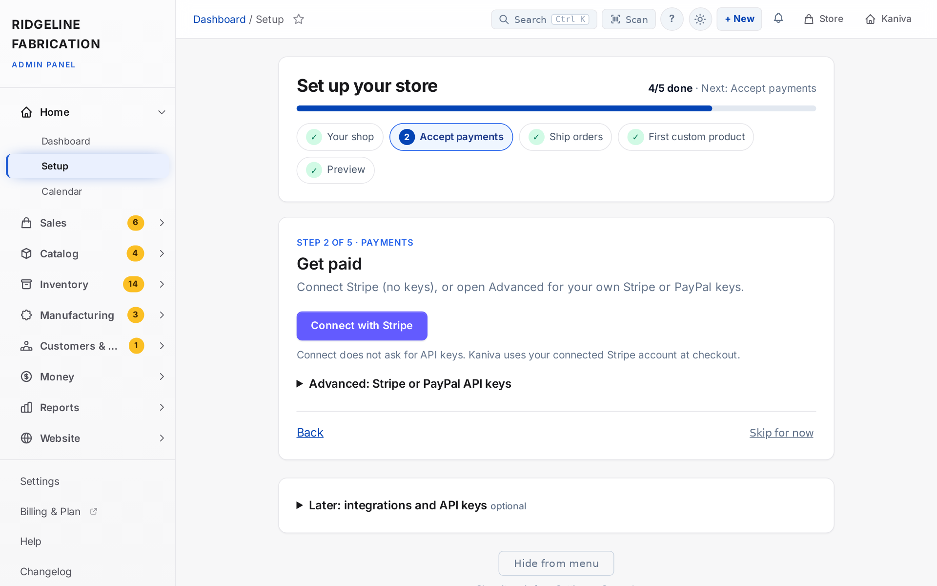 Setup: five steps from your shop's details to a preview, with Stripe connected in one click
