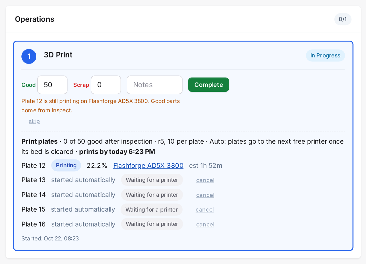 A work order's print step: plates started automatically, one printing, the rest waiting for a printer, and when they'll all be printed