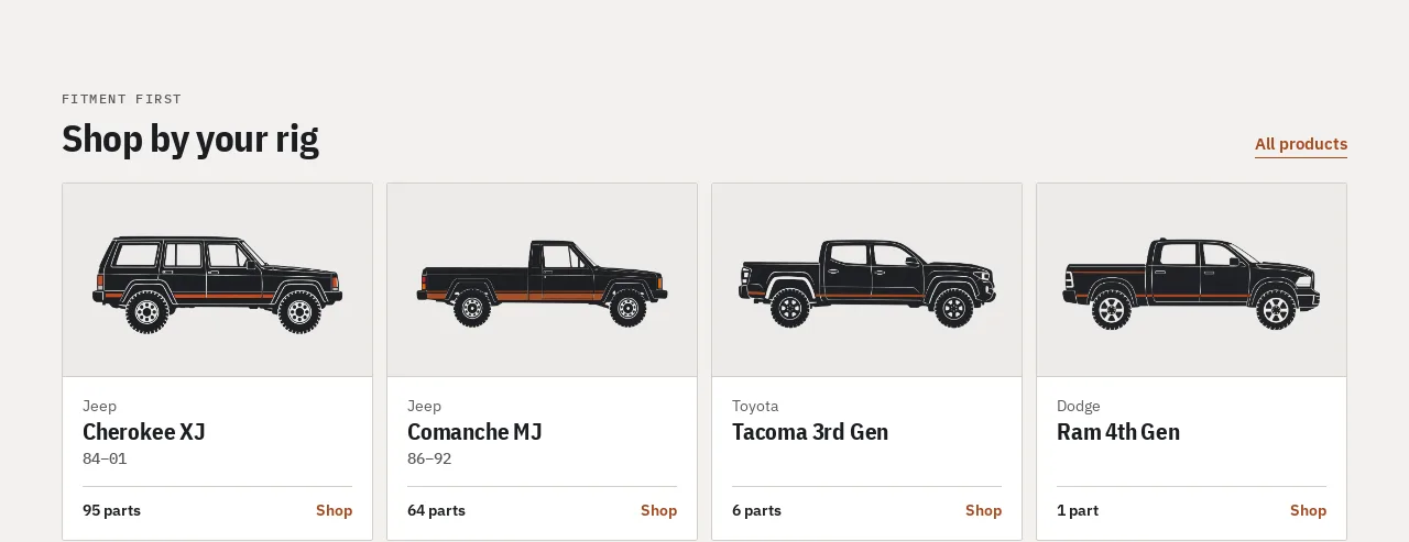 Shop by vehicle tiles on DirtBound, with a part count for each vehicle